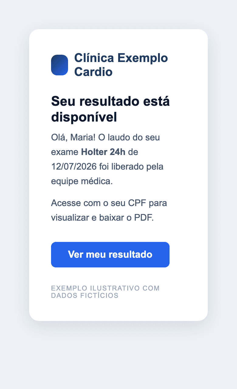Notificação de resultado disponível recebida no celular do paciente, com link de acesso ao portal