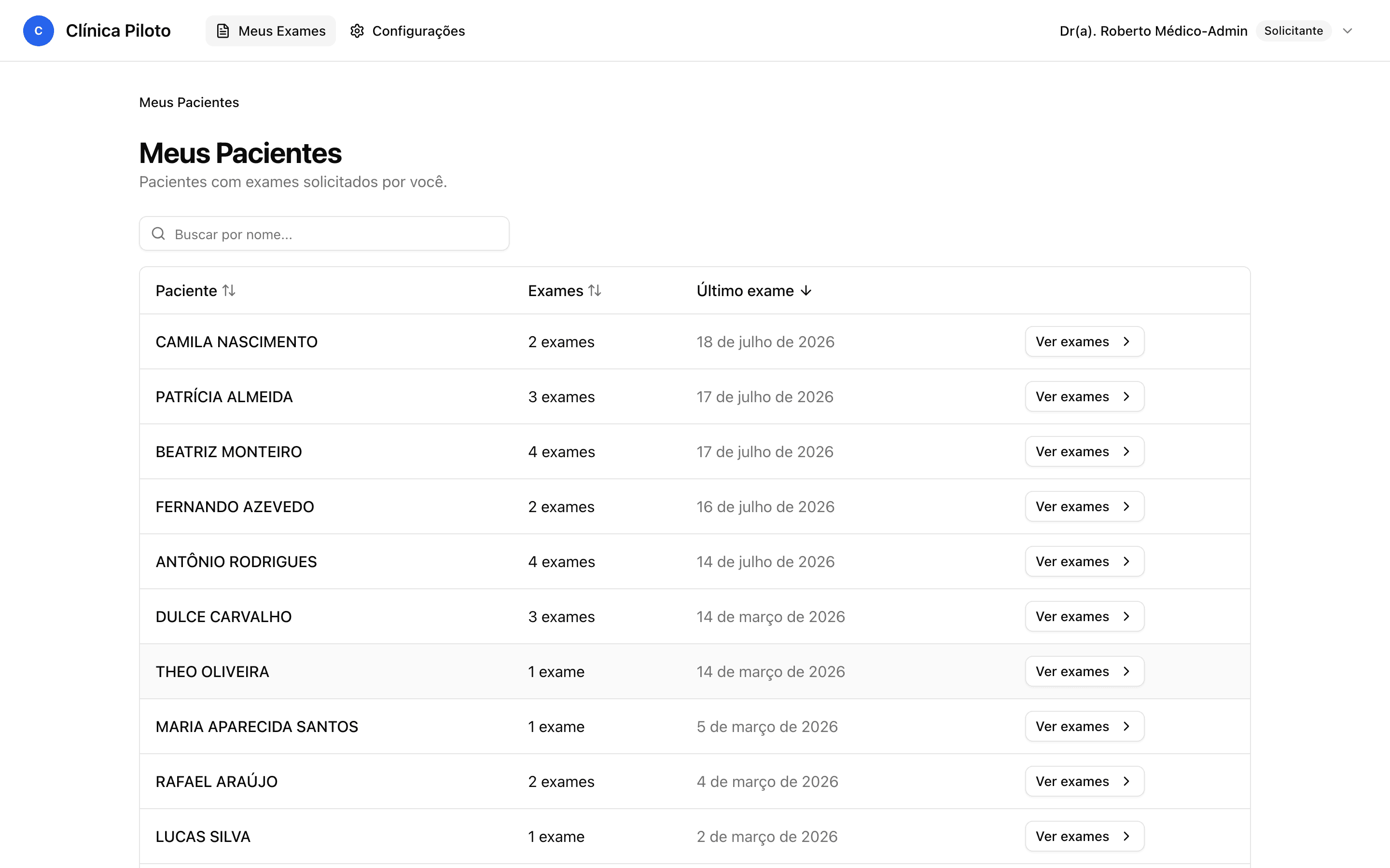Portal do médico solicitante listando os laudos dos pacientes encaminhados por ele